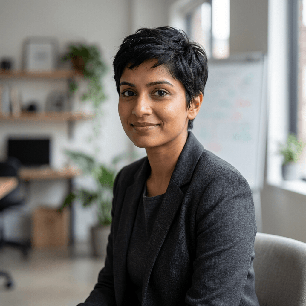 Priya Patel in a navy blazer in an office