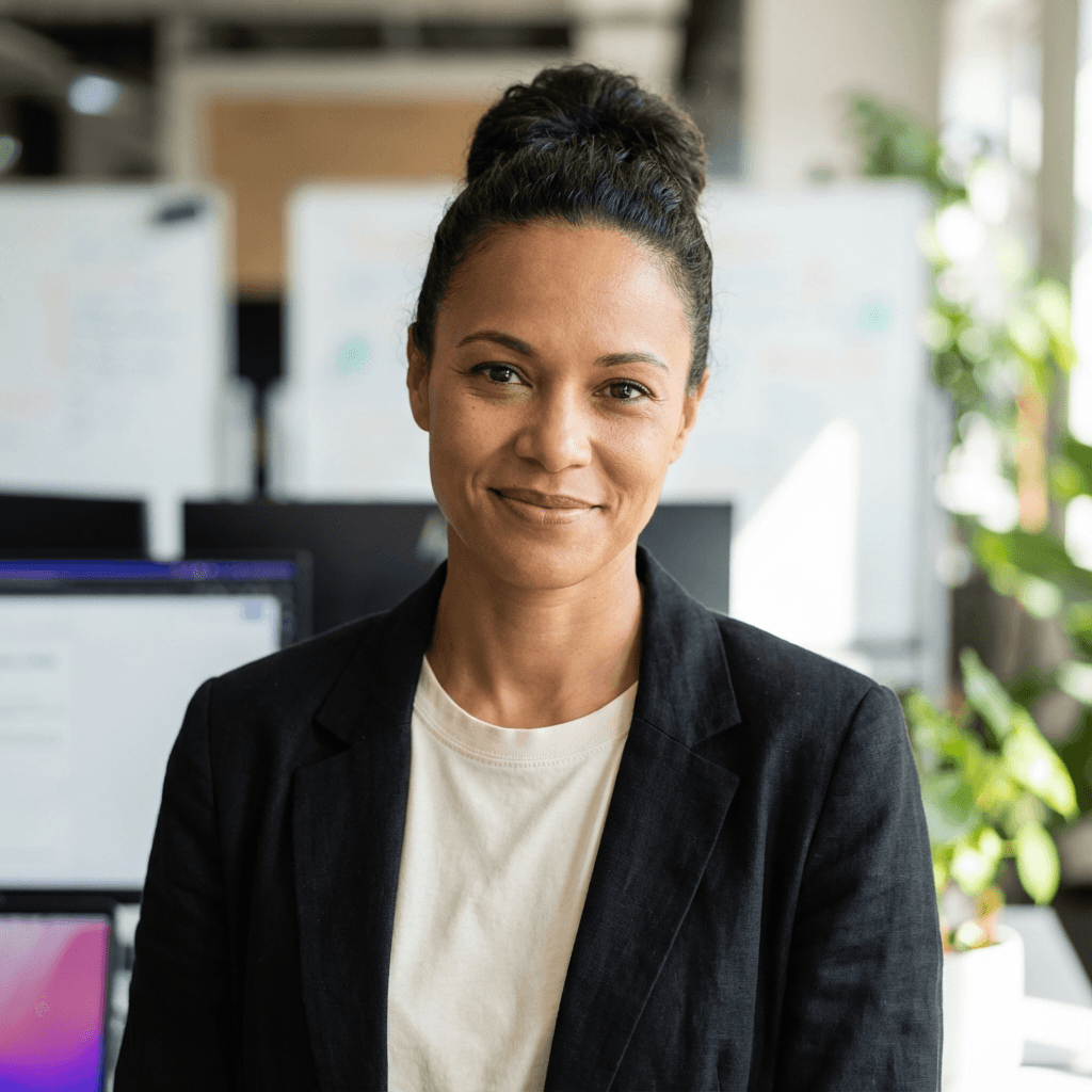 Sarah Mitchell in a navy blazer in a modern office
