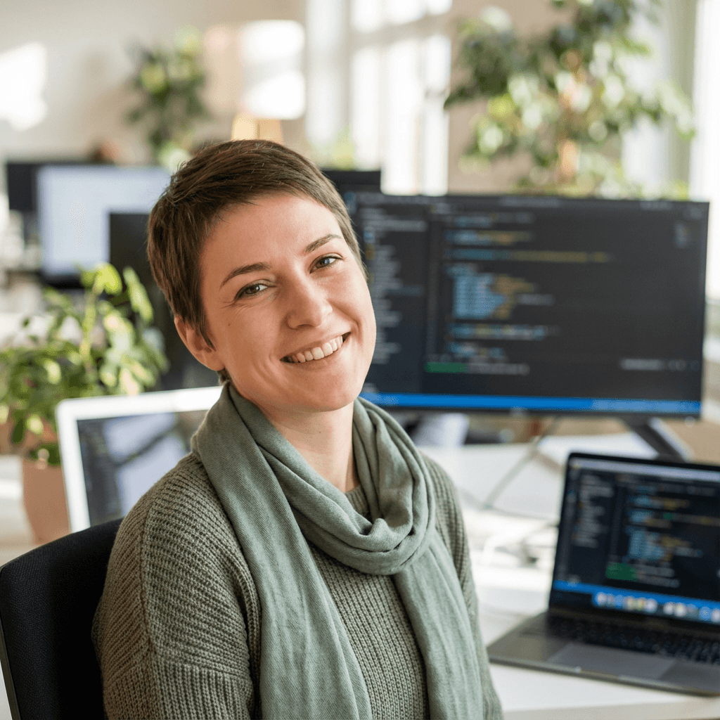 Lauren Whitfield in a light blazer in a modern workspace