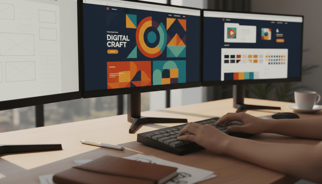 Modern web designer reviewing a responsive site design on a large monitor in a bright studio