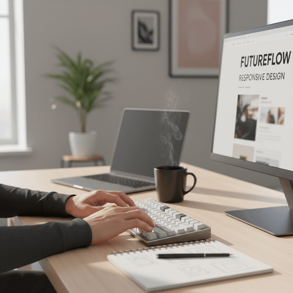 Web designer developing a premium website on a laptop in a bright modern studio