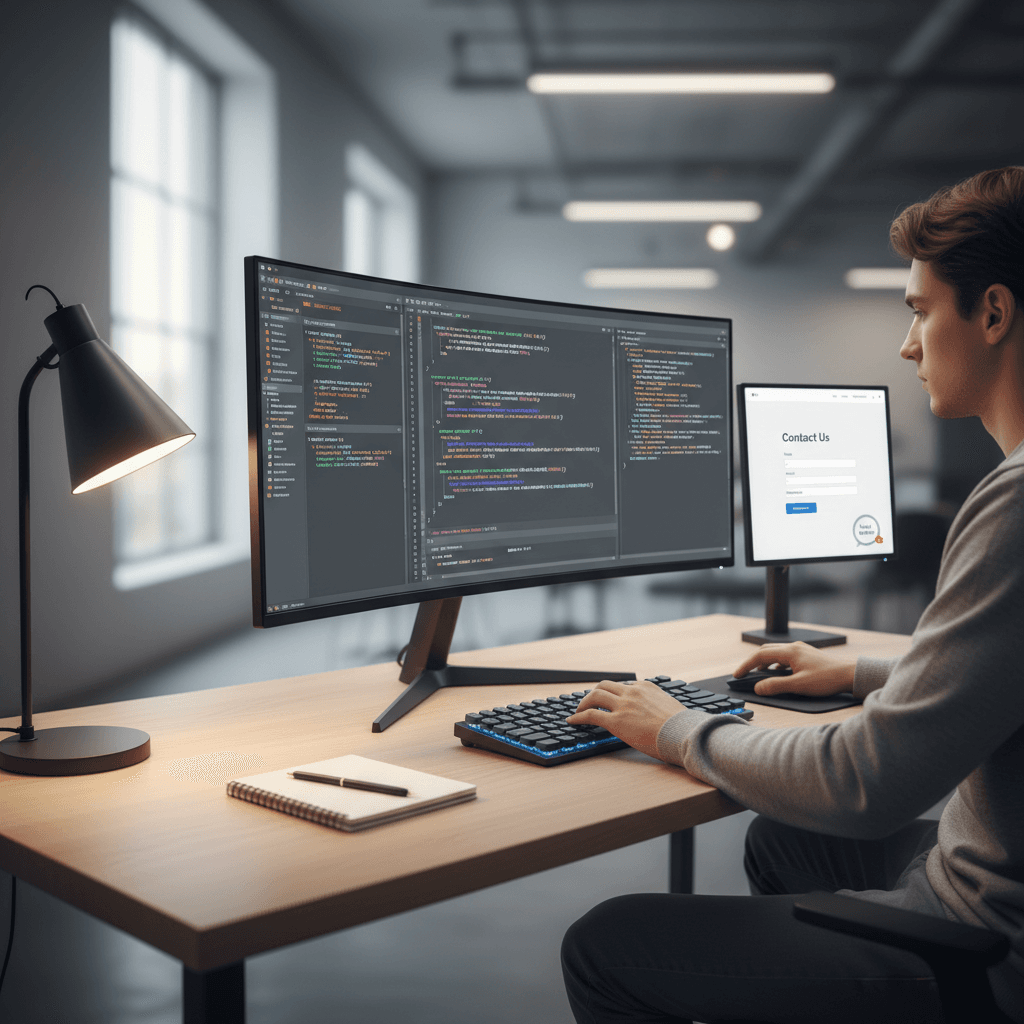 Developer coding with live website preview